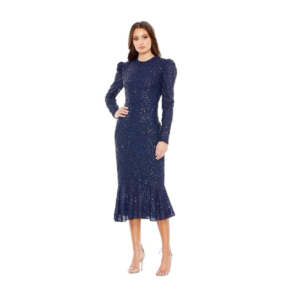 Mac Duggal 10865 Midnight Sequin Long Sleeve Puff Shoulder Dress Size 14 $398 - Picture 1 of 8